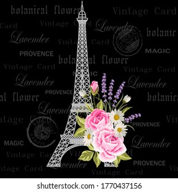 Vintage postcard with Eiffel Tower and flowers.