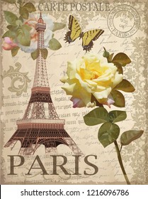 Vintage postcard with Eiffel Tower and roses.