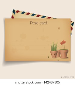 Vintage-Postkarte und Umschlag mit Roter Blüte in Tontopf. Vektorgrafik.