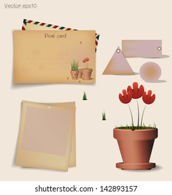 Vintage postcard and envelope with Red flower plant in clay pot. Vector illustration.
