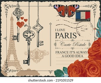 Vintage postcard with famous Parisian Eiffel tower in France. Vector postcard in retro style with beautiful red roses, old keys, keyhole, postmark and words I love Paris on an old paper background