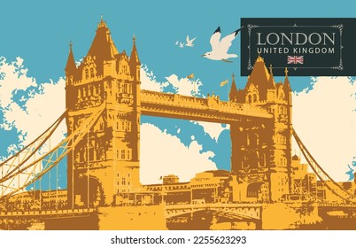 Vintage postcard with famous Tower-Bridge in London, UK. Retro postcard with a british flag and words London, United Kingdom