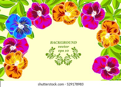 vintage postcard floral frame green leaf Colorful flower pansy, isolated on beige background vector illustration