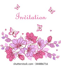 Vintage postcard flowers, butterflies, hearts. Can be used for cards, invitations, banners, template for design and decoration, etc.
