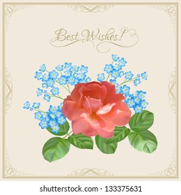 Vintage postcard with flowers (rose, forget-me-nots), decorative frame and "Best Wishes!" text in romantic retro style for congratulations and invitations
