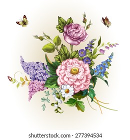 Vintage postcard with flowers. Vector illustration.