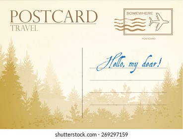 Vintage postcard with forest. Vector illustration