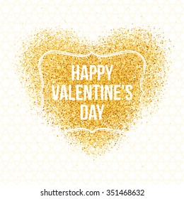Vintage postcard. Gold sparkles in the form of heart on a white background. Congratulations to the St. Valentine's Day