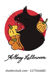 Vintage postcard of a happy Halloween. Black cat with open mouth and orange pumpkin on a red background. Vector illustration with black outline.