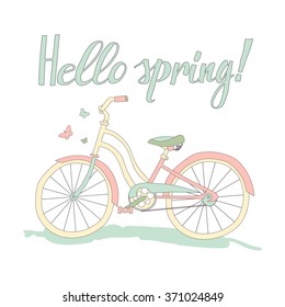 Vintage postcard "Hello spring!", the image of retro bicycles in pastel colors, Vector illustration. 10 eps