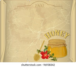 Vintage Postcard - Honey and Flowers on Old Paper Background - vector illustration with place for text