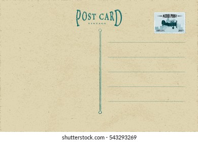 Vintage Postcard Inner Side Blank Template with Authentic Retro Style Logo Lettering and Postage Stamp with Airplane - Turquoise and Blue Elements on Yellow Old Paper Background - Flat Graphic Design
