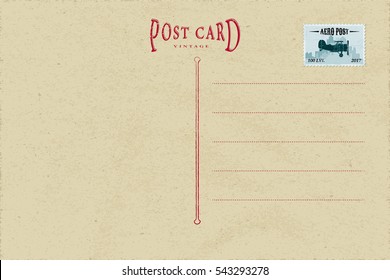 Vintage Postcard Inner Side Blank Template with Authentic Retro Style Logo Lettering and Postage Stamp with Airplane - Red and Blue Elements on Yellow Old Rough Paper Background - Flat Graphic Design