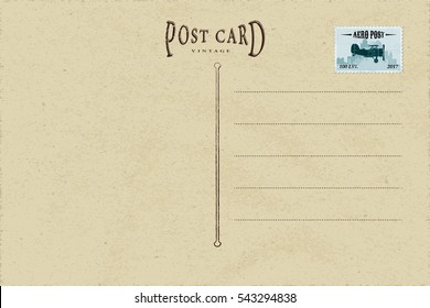 Vintage Postcard Inner Side Blank Template with Authentic Retro Style Logo Lettering and Postage Stamp with Airplane - Sepia and Blue Elements on Yellow Rough Paper Background - Flat Graphic Design