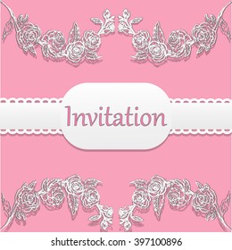 Vintage postcard, invitation, lace paper flowers on a pink background.