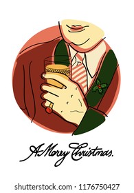 Vintage postcard. The man is holding a glass of whiskey in his hand. On the finger is a ring. He is dressed in a crimson robe. The lapel is a branch of holly. Vector illustration. Merry Christmas.