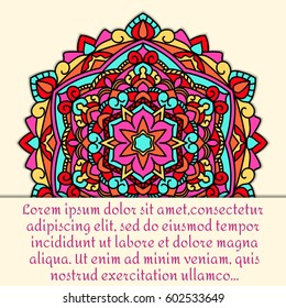 Vintage postcard, mandalas and ornament. A beautiful leaflet with a mandala pattern and a place for your text. Vector illustration.