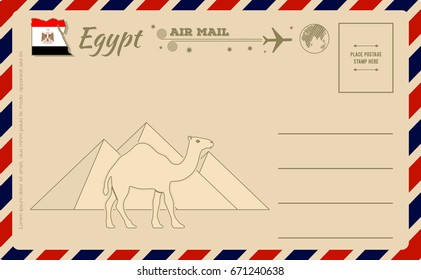 Vintage postcard with map of Egypt, Pyramids and Camel