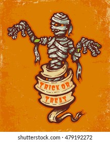 Vintage postcard with mummy and old ribbon for halloween