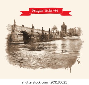 Vintage postcard with Old Prague Charles bridge view. Czech Republic. Watercolor textured art. Vector illustration.