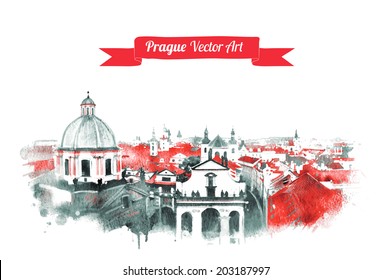 Vintage postcard with Old Prague skyline view. Czech Republic. Watercolor textured art. Vector illustration.