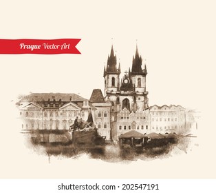 Vintage postcard with Old Prague view. Czech Republic. Watercolor textured art. Vector illustration.