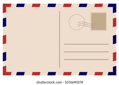 Vintage postcard. Old template. Retro airmail envelope with stamp. Vector