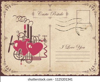 Vintage postcard on the theme of declaration of love with two hearts connected by different mechanisms and pipes. Romantic vector card with love factory and calligraphic inscription I love you