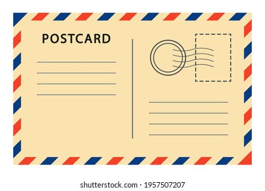 Vintage postcard with paper texture. Vintage postcard template. Retro envelope with stamp. Travel postcard template. Postal card design. Vector illustration. EPS-10