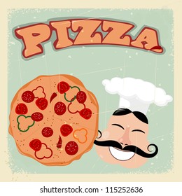 Vintage postcard with pizza and cook. eps10