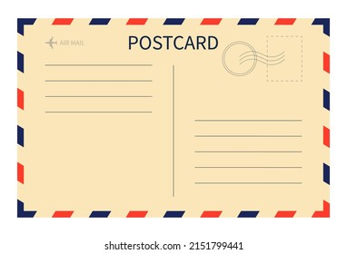 Postal de época. Postales con sello. Plantilla de correo aéreo. Correo postal. Carta de correo aéreo. Viejo sobre. Postal con borde azul-rojo. Papel en blanco con marco, avión y sello. Vector.