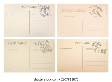 Vintage postcard, post card templates with postal stamps, vector backgrounds. Old retro postcard backsides from London, Lisbon, Michigan and Florida, blank mail postage and travel post cards