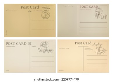 Vintage-Postkarte, Postkartenvorlagen auf hinterem Hintergrund, Vektorpostbriefmarken. Alte Retro-Postkarte oder Papierbrief, leere Postsendungen oder Reisepostkarten aus Barcelona, Bayern und Kentucky