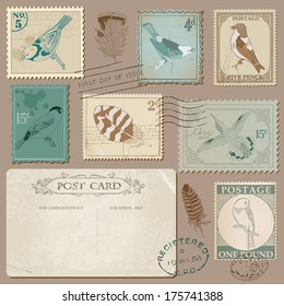 Vintage Postcard And Postage Stamps With Birds - For Wedding Design, Invitation, Scrapbook