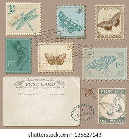 Vintage Postcard and Postage Stamps with Butterflies - for wedding design, invitation, scrapbook