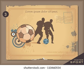 Vintage Postcard and Postage Stamps with Football design. Retro decor illustration.