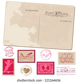 Vintage Postcard And Postage Stamps - For Wedding Design, Invitation, Congratulation, Scrapbook