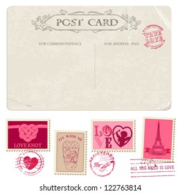 Vintage Postcard and Postage Stamps - for wedding design, invitation, congratulation, scrapbook