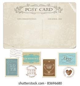 Vintage Postcard And Postage Stamps - For Wedding Design, Invitation, Congratulation, Scrapbook
