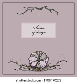 Vintage postcard with pumpkin and branches. Hand drawn halloween vignette. Autumn vegetal vector illustration.
