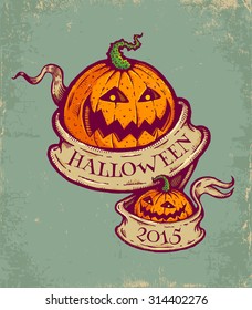 Vintage postcard with pumpkins and old ribbon for halloween