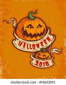 Vintage postcard with pumpkins and old ribbon for Halloween