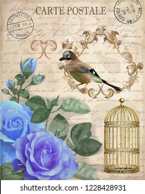 Vintage Postcard with roses,bird and bird cage.