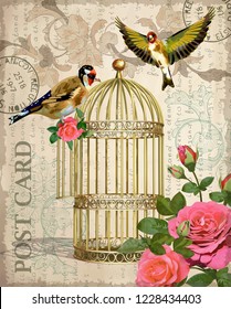 Vintage Postcard with roses,bird and bird cage.