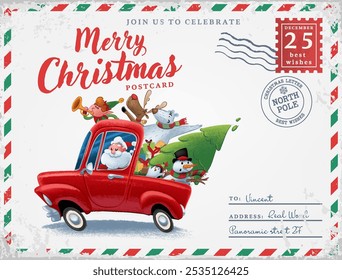 vintage postcard santa claus driving red car with bear penguin elf snowman