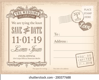 Vintage postcard save the date background for wedding invitation