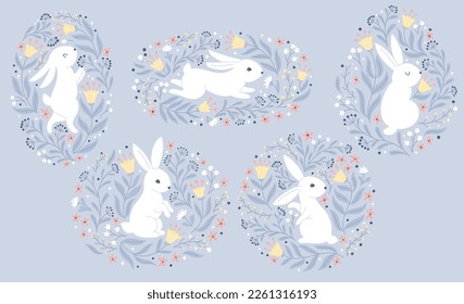 Vintage postcard set for Easter with white rabbits in folk style with fantastic flowers in various templates. Cartoon cute animals in hand-drawn doodle style. limited pastel palette. Vector