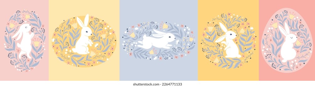 Postal vintage para Pascua con conejos blancos de estilo folclórico con flores fantásticas en varias plantillas. Dibujo de animales lindos al estilo de doodle dibujado a mano. paleta pastel limitada. Vector