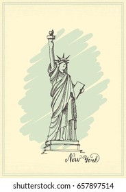 Vintage postcard with a sketch of the statue of liberty. Ink hand drawing. Vector illustration