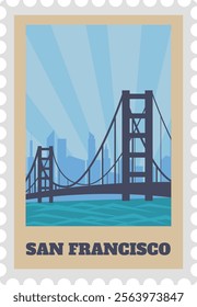 Vintage postcard stamp design featuring the iconic Golden Gate Bridge, set against a backdrop of a vibrant blue sky and the stunning San Francisco city skyline